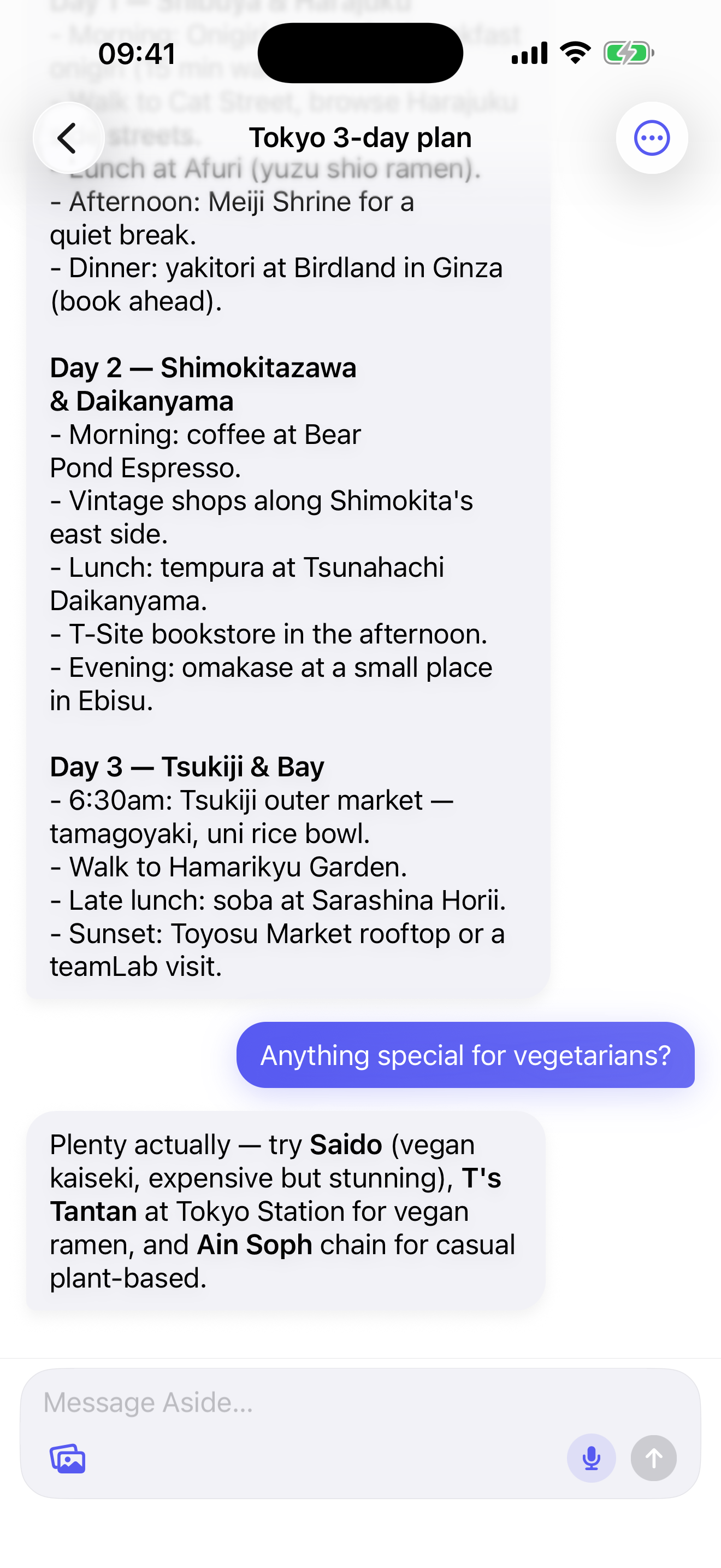 Aside chat — a real conversation rendering Markdown bold text