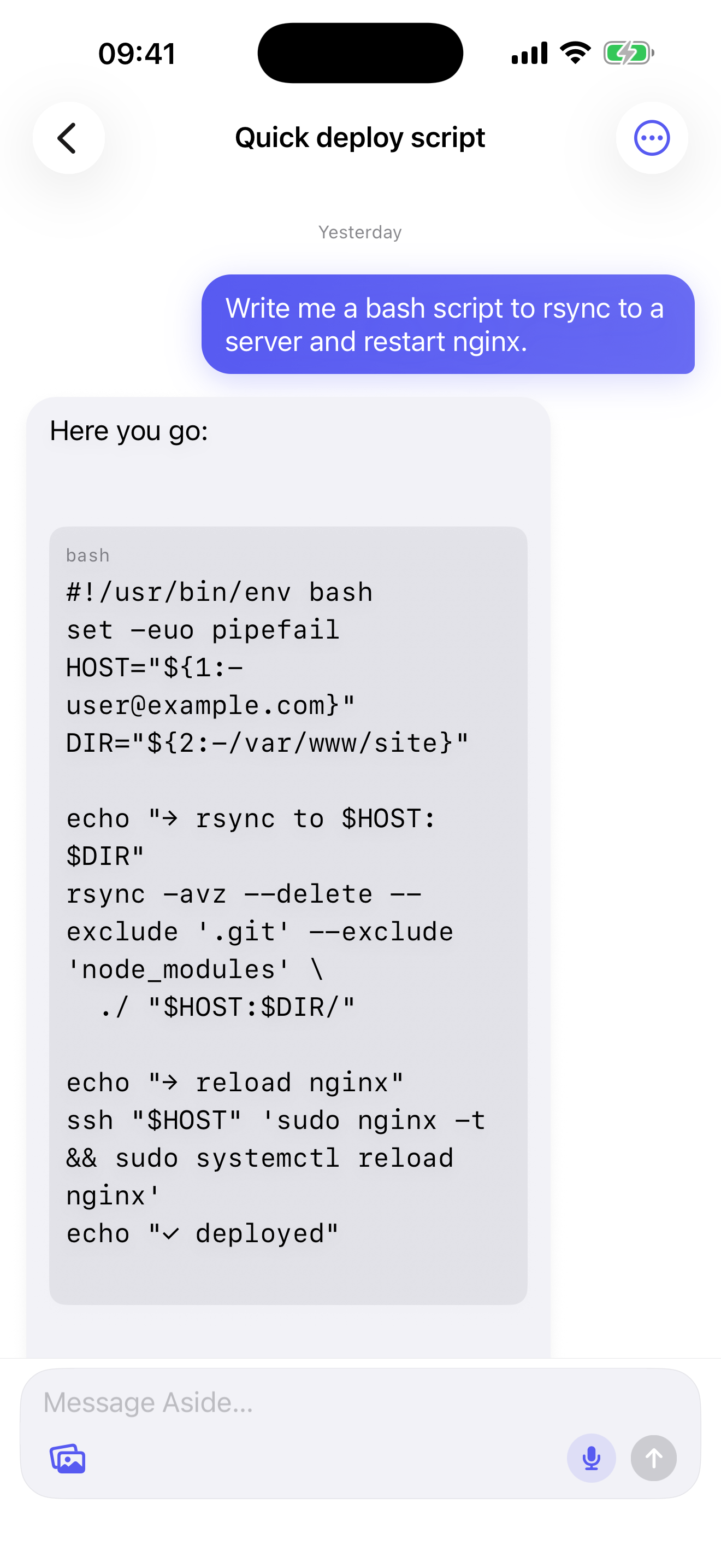 Aside chat — a bash deploy script reply rendered as a code block