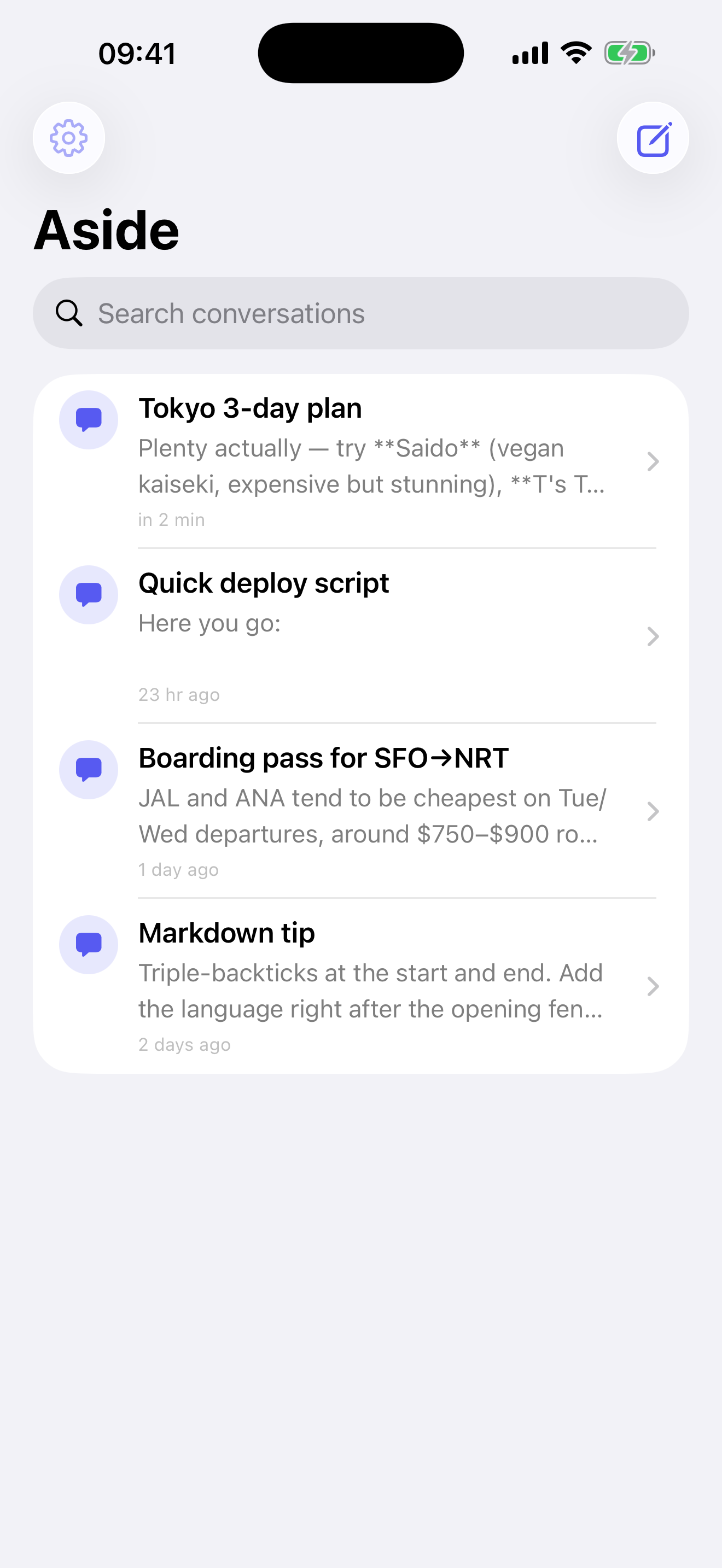 Aside chat list — multiple conversations with previews