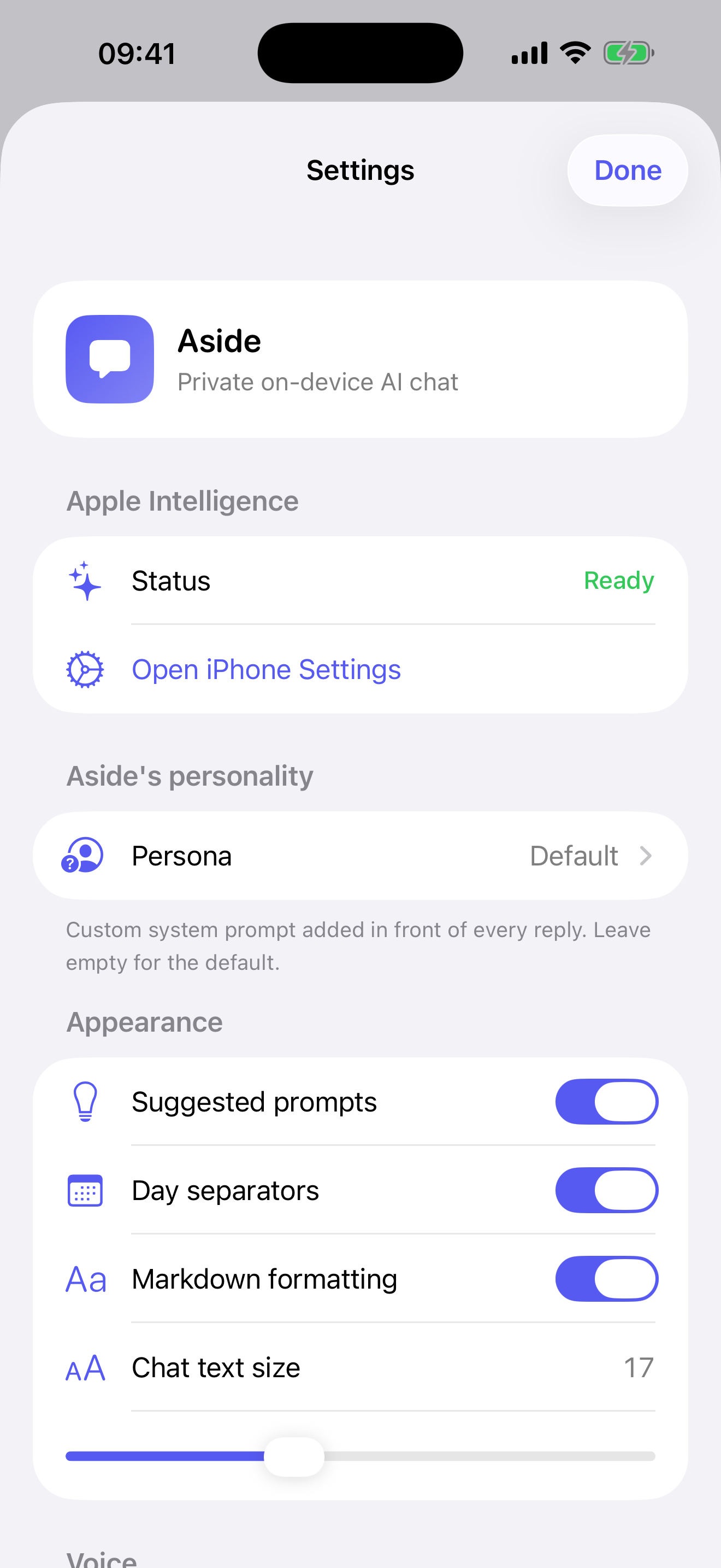 Aside Settings — persona presets, appearance toggles, text size
